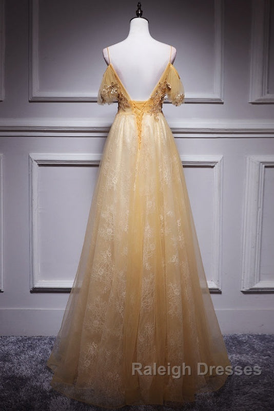 Champagne Lace Off Shoulder Long Party Dress , Cute Tulle Formal Dress Prom Dress