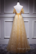 Champagne Lace Off Shoulder Long Prom Dresses Cute Tulle Prom Dresseses