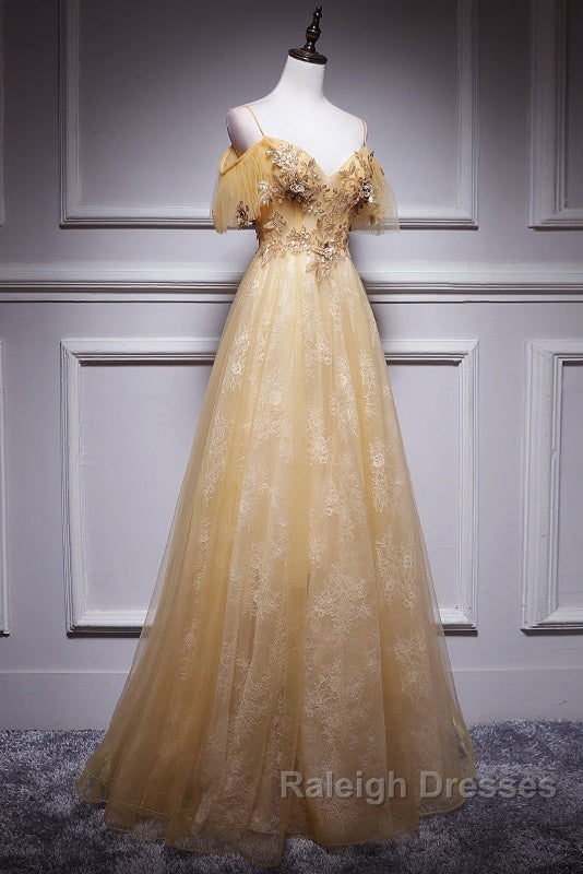 Champagne Lace Off Shoulder Long Party Dress , Cute Tulle Formal Dress Prom Dress