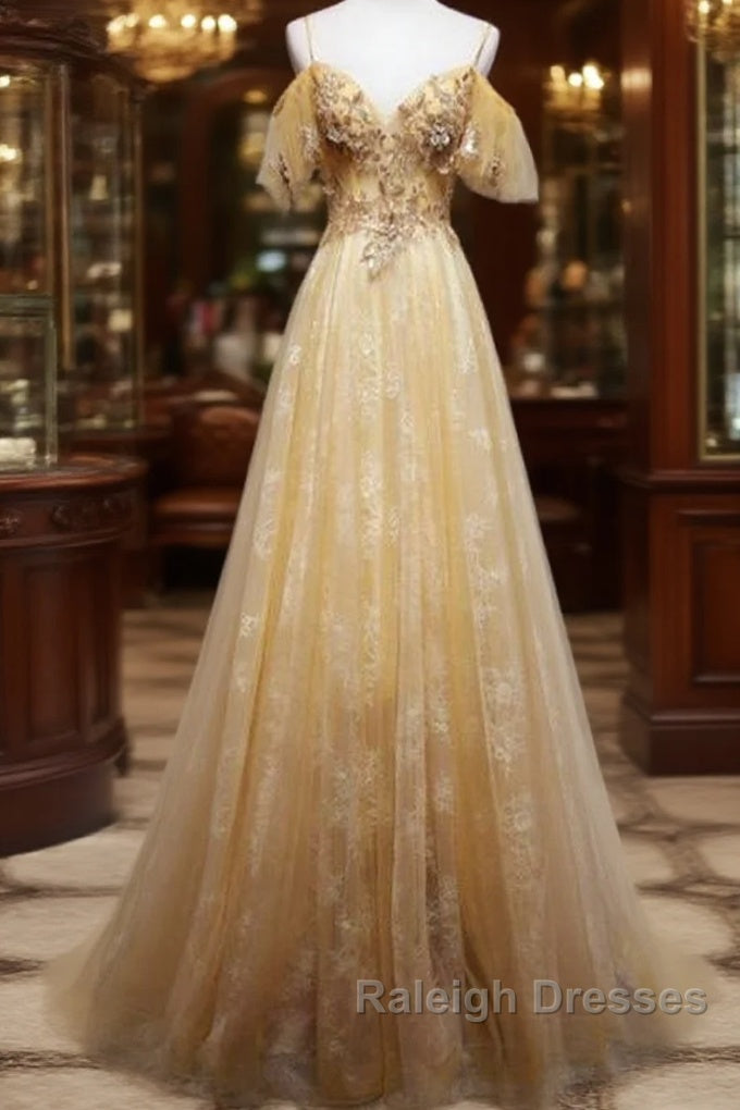 Champagne Lace Off Shoulder Long Prom Dresses Cute Tulle Prom Dresseses Main image