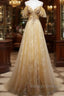 Champagne Lace Off Shoulder Long Prom Dresses Cute Tulle Prom Dresseses