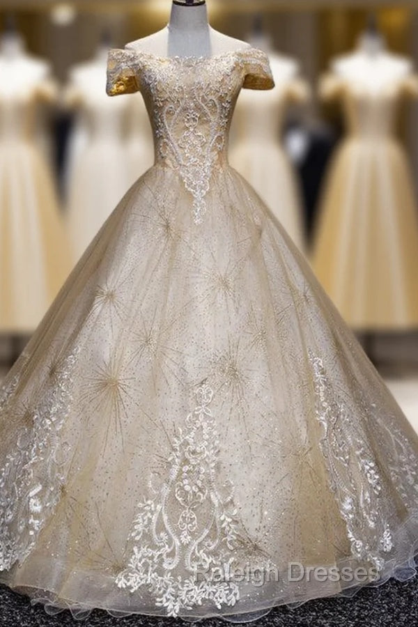 Champagne Lace Off Shoulder Party Dress, Ball Gown Tulle Evening Dress Formal Dress