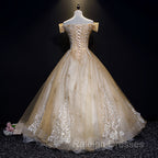 Champagne Lace Off Shoulder Party Dress, Ball Gown Tulle Evening Dress Formal Dress