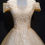 Champagne Lace Off Shoulder Prom Dress, Ball Gowns Tulle Prom Dress Formal Dress