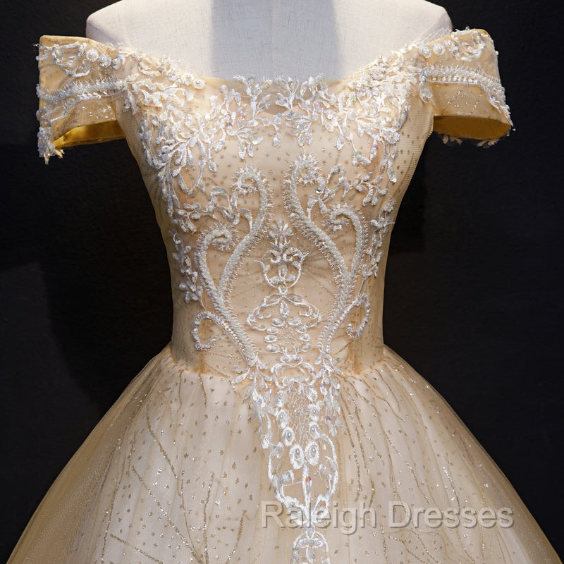 Champagne Lace Off Shoulder Prom Dress, Ball Gowns Tulle Prom Dress Formal Dress