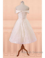 Champagne Lace Off Shoulder Tea Length Wedding Dress With Sash