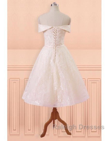 Champagne Lace Off Shoulder Tea Length Wedding Dress With Sash