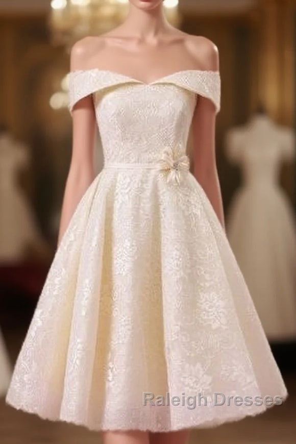 Champagne Lace Off Shoulder Tea Length Wedding Dresses With Sash Main image