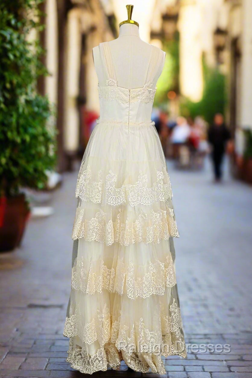 Champagne Lace Prom Dress A Line V Neck Elegant Prom Dress