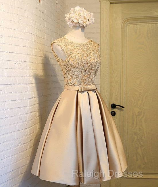 Champagne Lace Short Prom Dress, Cute Homecoming Dress