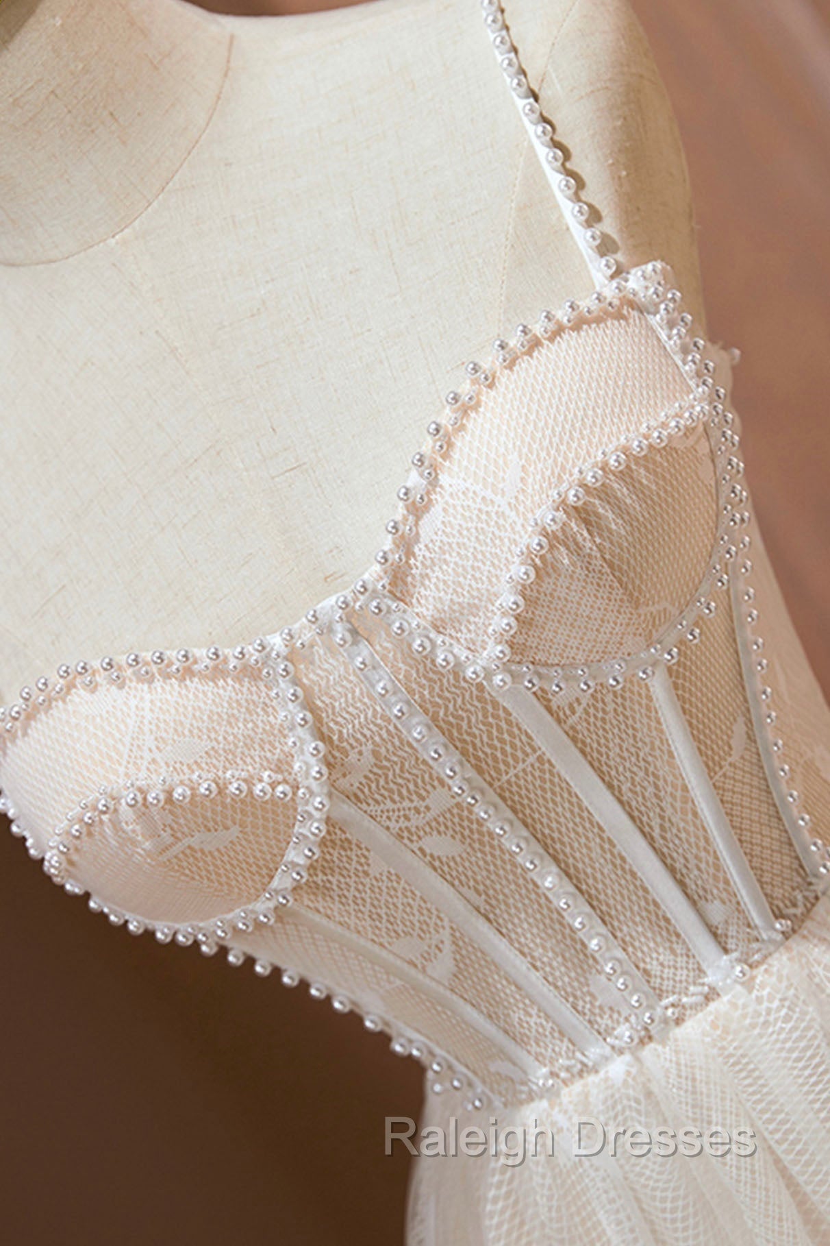 Champagne Lace Short Prom Dress, Spaghetti Straps Prom Dress with Pearl