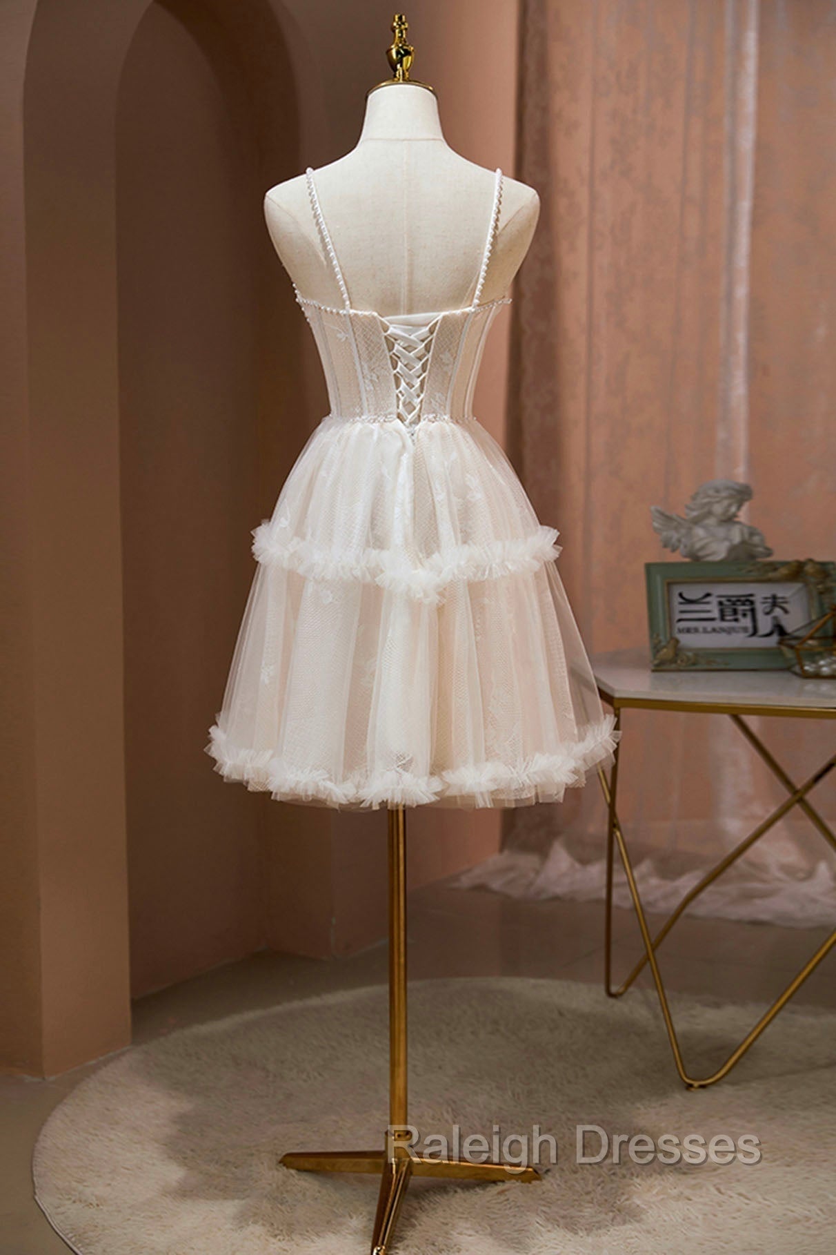 Champagne Lace Short Prom Dress, Spaghetti Straps Prom Dress with Pearl