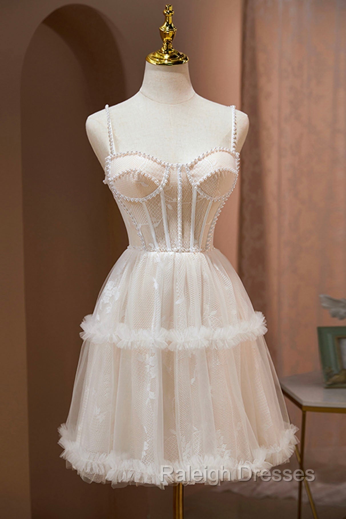 Champagne Lace Short Prom Dress, Spaghetti Straps Party Dress with Pearl Main image