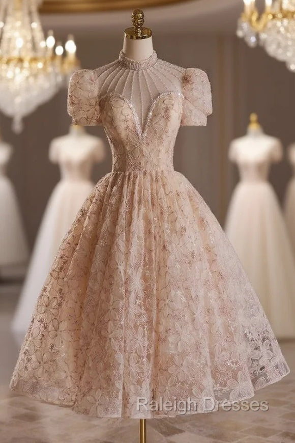 Champagne Lace Short Sleeve Beading Short Prom Dress Main image