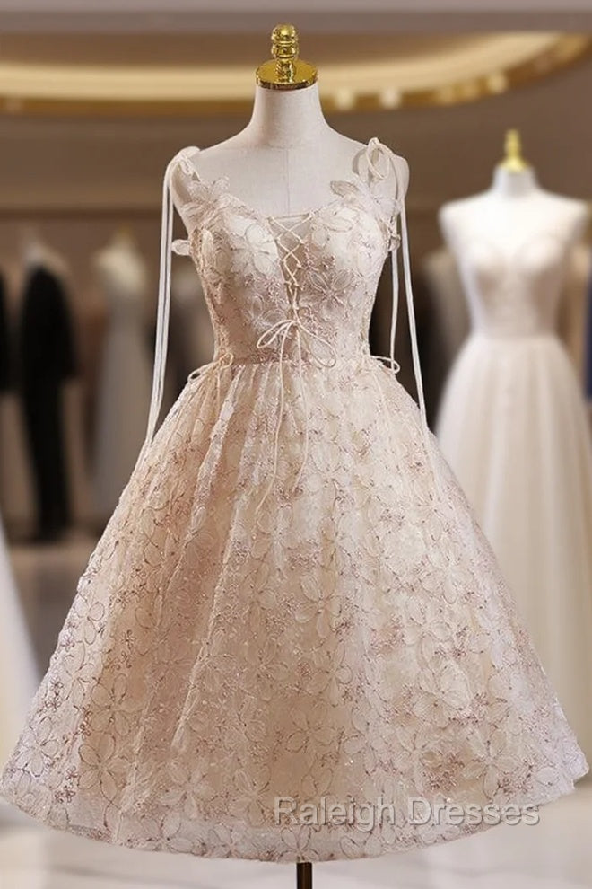 Champagne Lace Spaghetti Straps Homecoming Dress