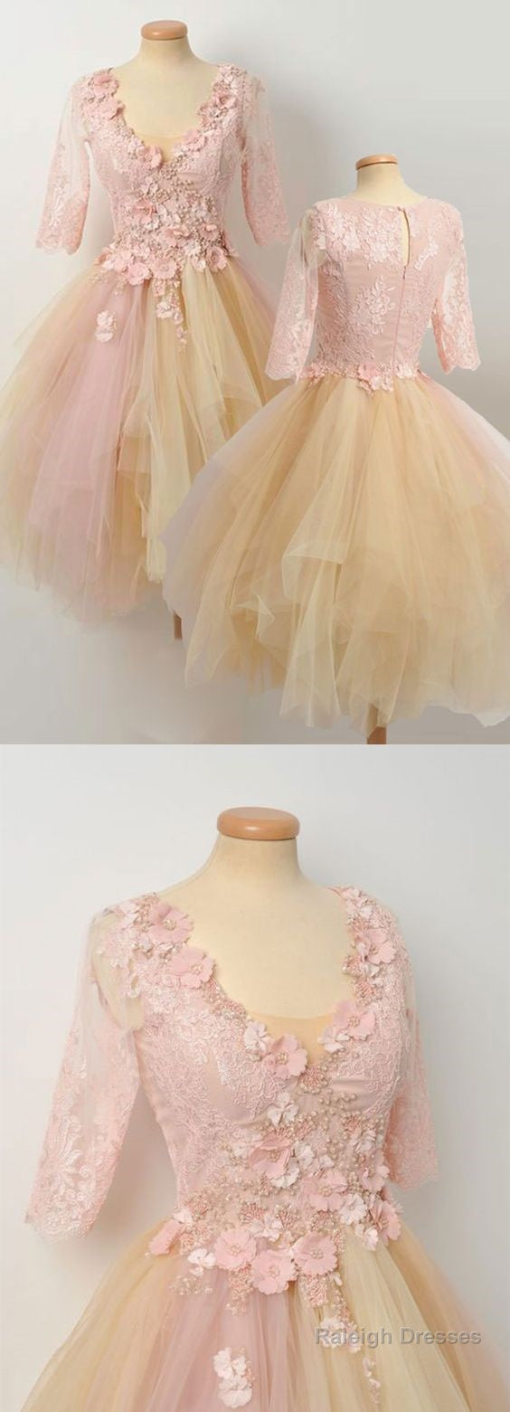 Champagne Lace Tulle Cute Homecoming Dress Main image