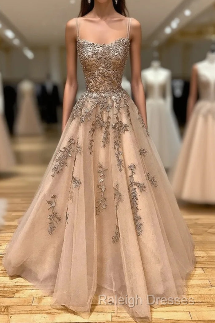 Champagne Lace Tulle Long Prom Dress Formal Evening Dress Ball Gown