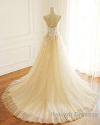 Champagne Long A-line Sweetheart Tulle Spaghetti Sweep Train Wedding Dress
