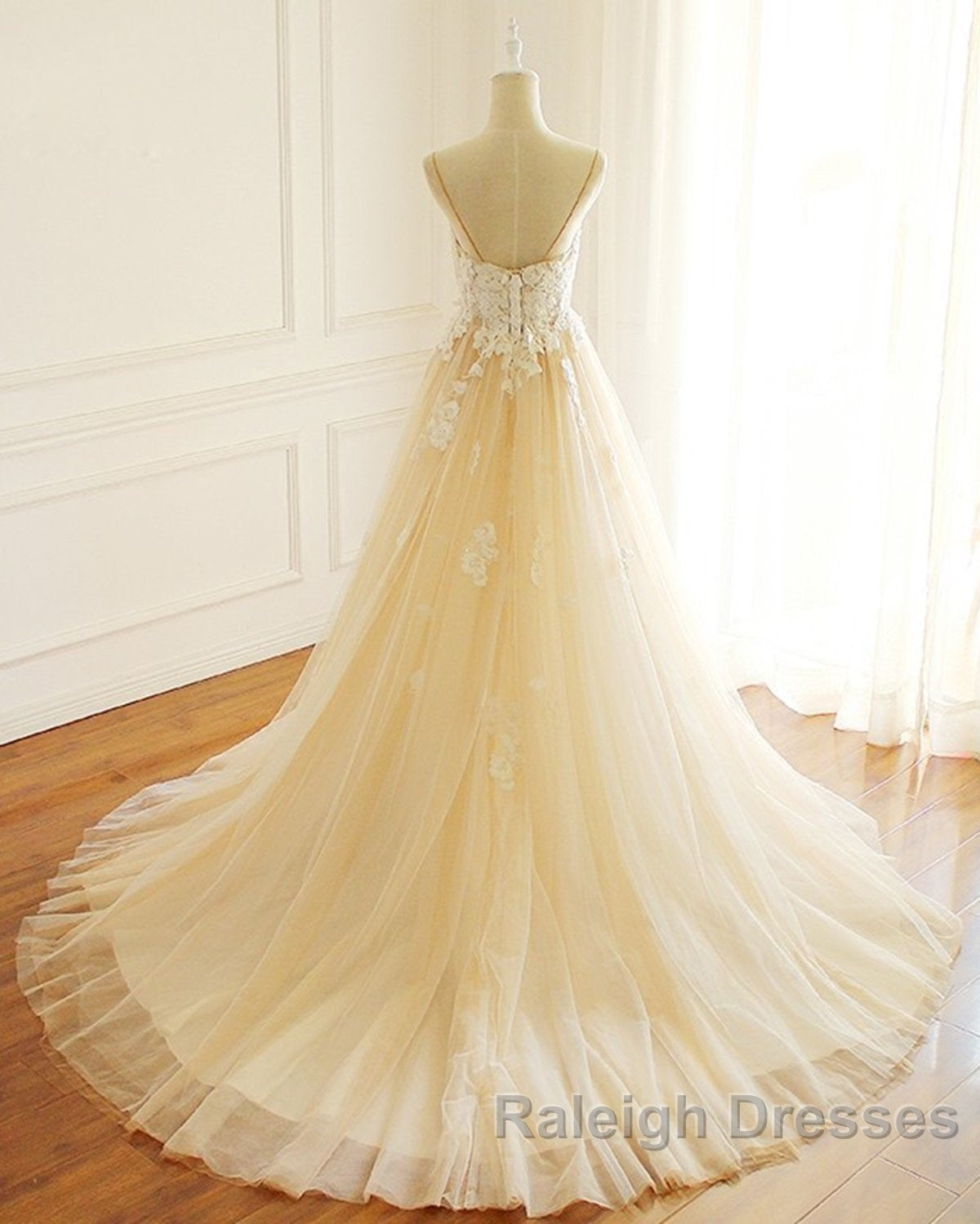 Champagne Long A-line Sweetheart Tulle Spaghetti Sweep Train Wedding Dress