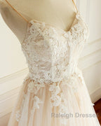 Champagne Long A Line Sweetheart Tulle Spaghetti Sweep Train Wedding Dresses