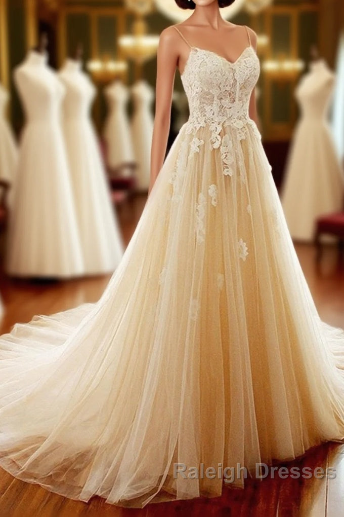 Champagne Long A Line Sweetheart Tulle Spaghetti Sweep Train Wedding Dresses