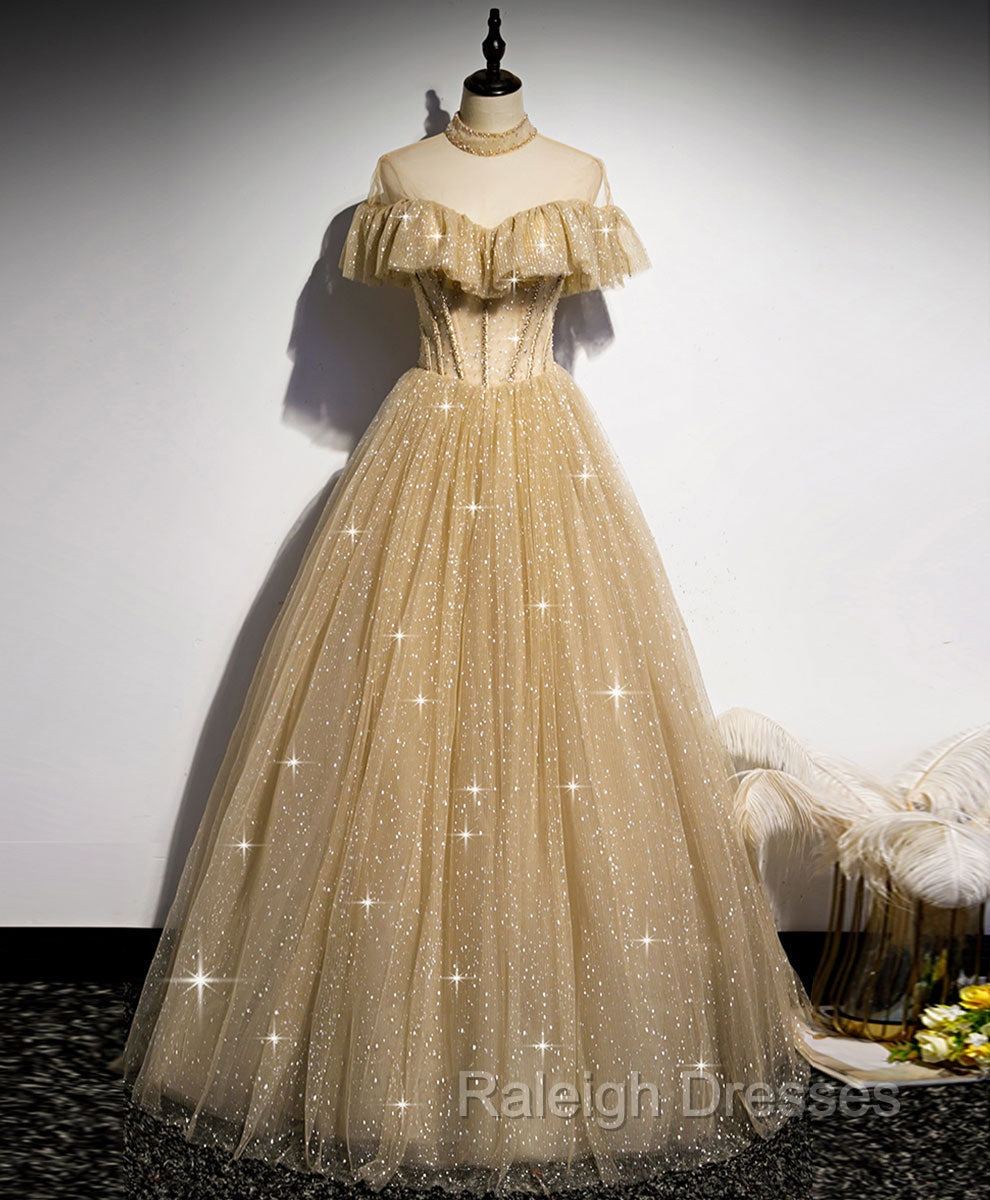 Champagne Long Prom Dress, Aline Champagne Graduation Dress with Beading