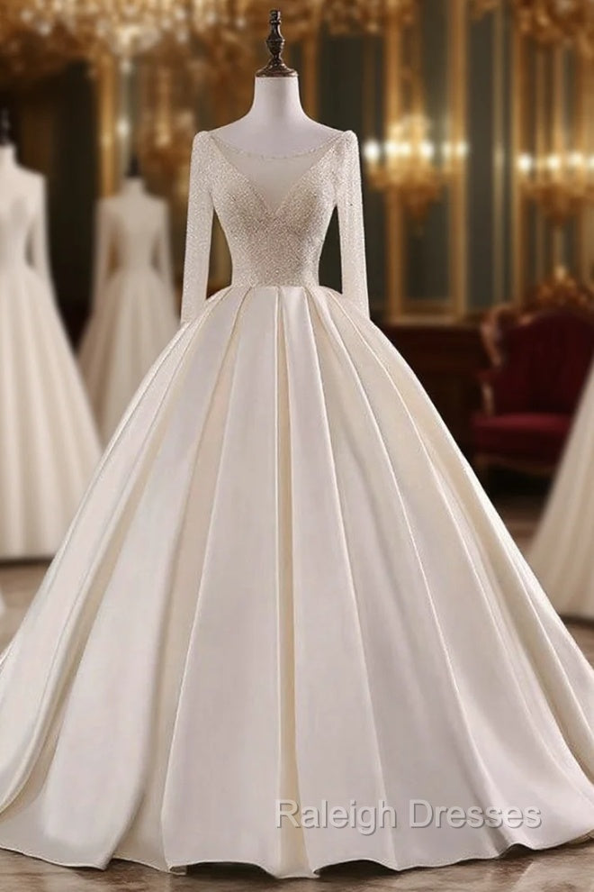 Champagne Long Sleeve Backless Satin Beading Wedding Dress