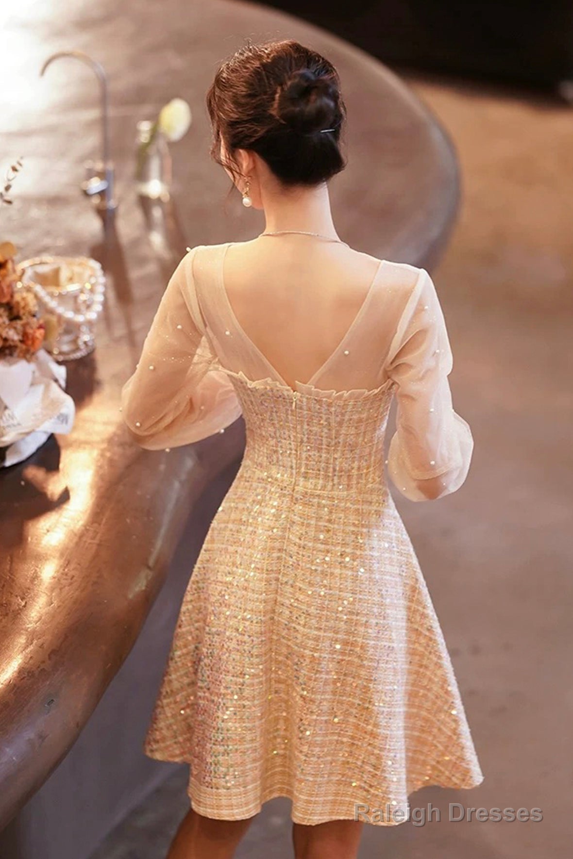Champagne Long Sleeve Party Dress, Beautiful Knee/Tea Length Prom Dress Secondary image