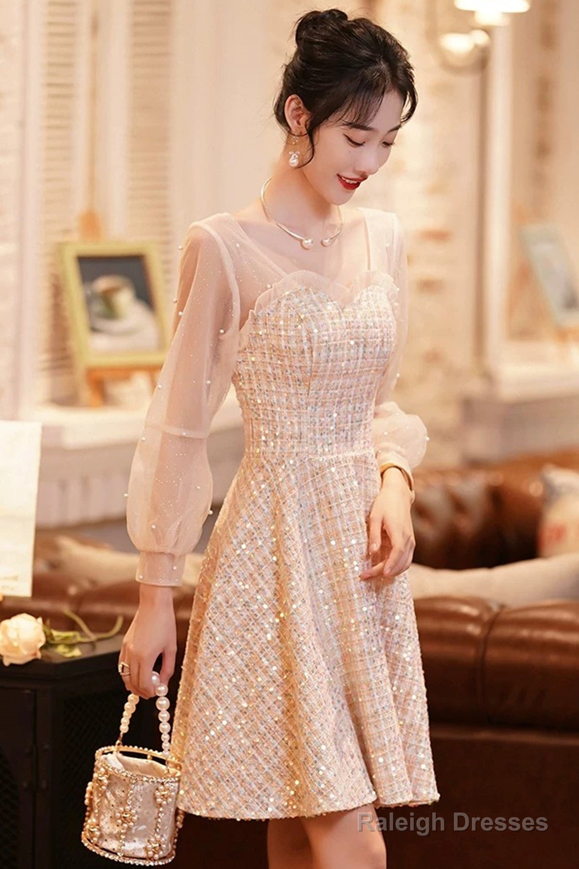 Champagne Long Sleeve Party Dress, Beautiful Knee/Tea Length Prom Dress Main image