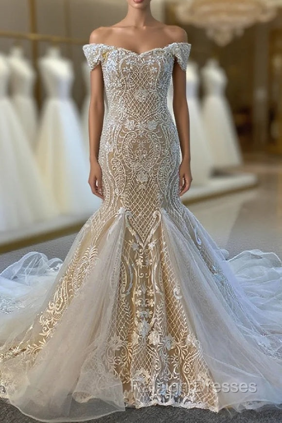 Champagne Mermaid Appliques Beading Wedding Dress
