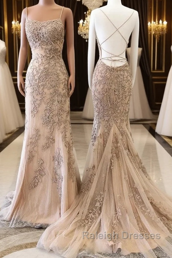 Champagne Mermaid Backless Lace Appliques Long Prom Dresses, Champagne Lace Formal Dresses, Champagne Graduation Evening Dresses Main image