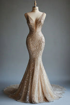 Champagne Mermaid Deep V Neck Tulle Sequin Beaded Long Prom Dress Sexy Evening Dress