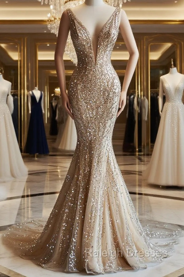 Champagne Mermaid Deep V Neck Tulle Sequin Beaded Long Prom Dress Sexy Evening Dress