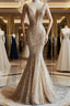 Champagne Mermaid Deep V Neck Tulle Sequin Beaded Long Prom Dress Sexy Evening Dress