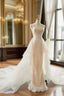 Champagne Mermaid Lace White Tulle Spaghetti Straps Wedding Dress With Removable Train