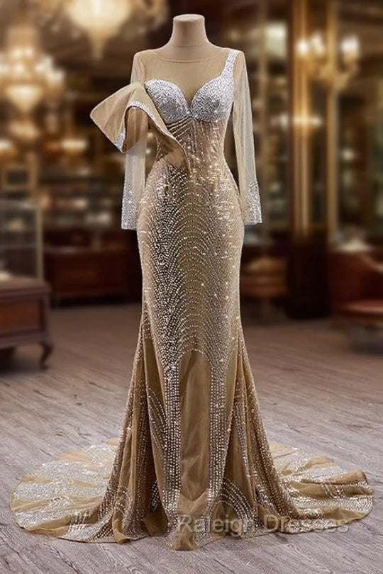 Champagne Mermaid Long Sleeve Beading Prom Dress Main image