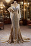 Champagne Mermaid Long Sleeve Beading Prom Dress