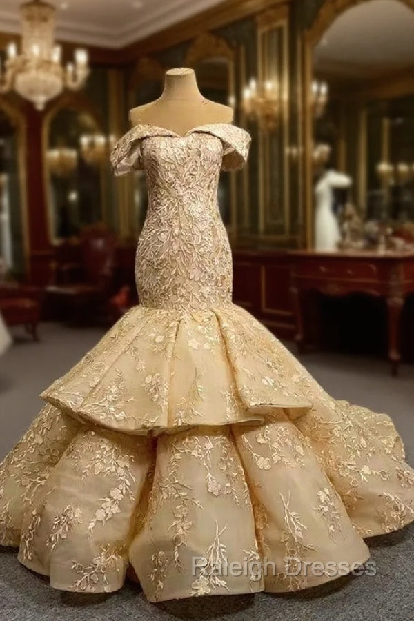 Champagne Mermaid Off the Shoulder Appliques Prom Dress Main image