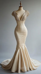 Champagne Mermaid Satin Beaded V-Neck Long Ball Dresses Elegant Prom Dresses