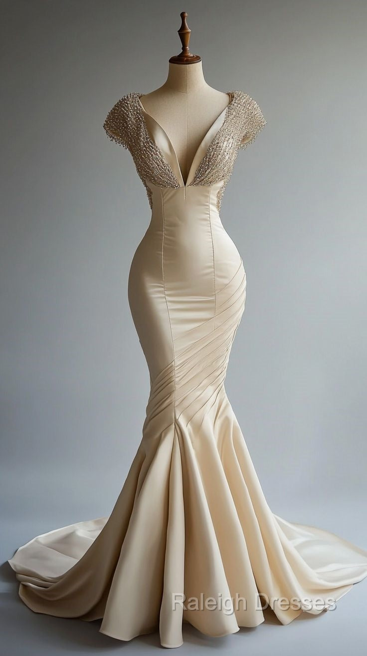 Champagne Mermaid Satin Beaded V-Neck Long Ball Dresses Elegant Prom Dresses