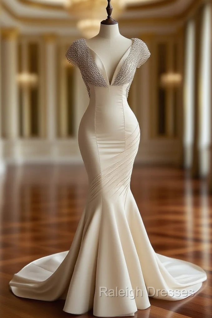 Champagne Mermaid Satin Beaded V-Neck Long Ball Dress, Elegant Evening Dress Main image