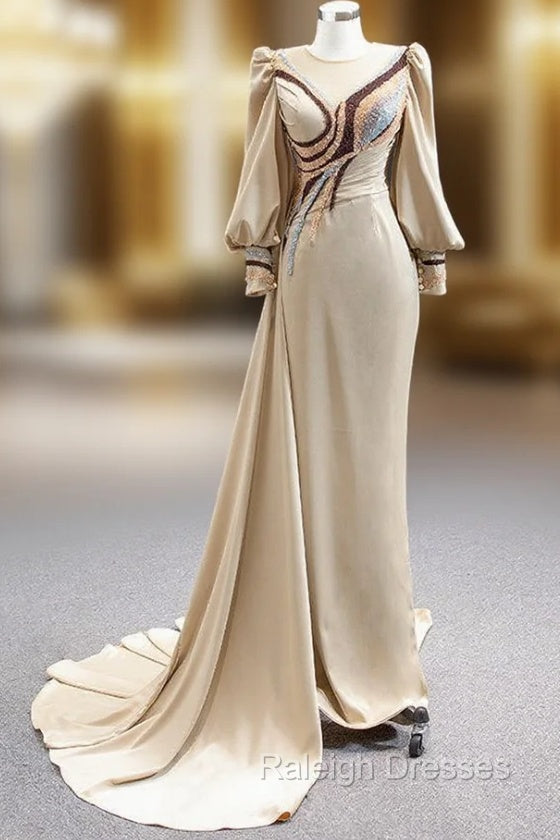 Champagne Mermaid Satin Long Sleeve Beading Prom Dress
