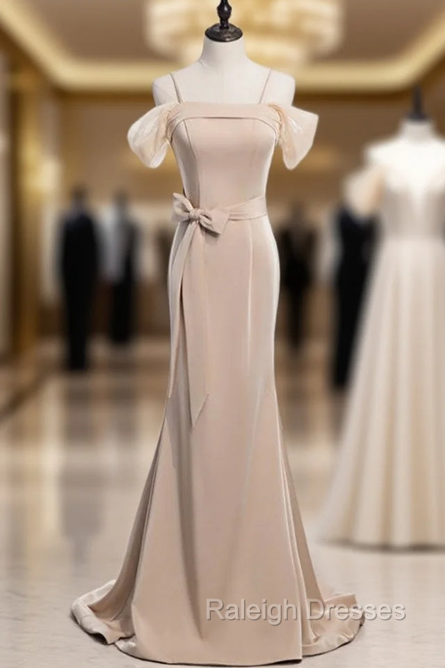 Champagne Mermaid Satin Spagehtti Straps Prom Dress With Sash