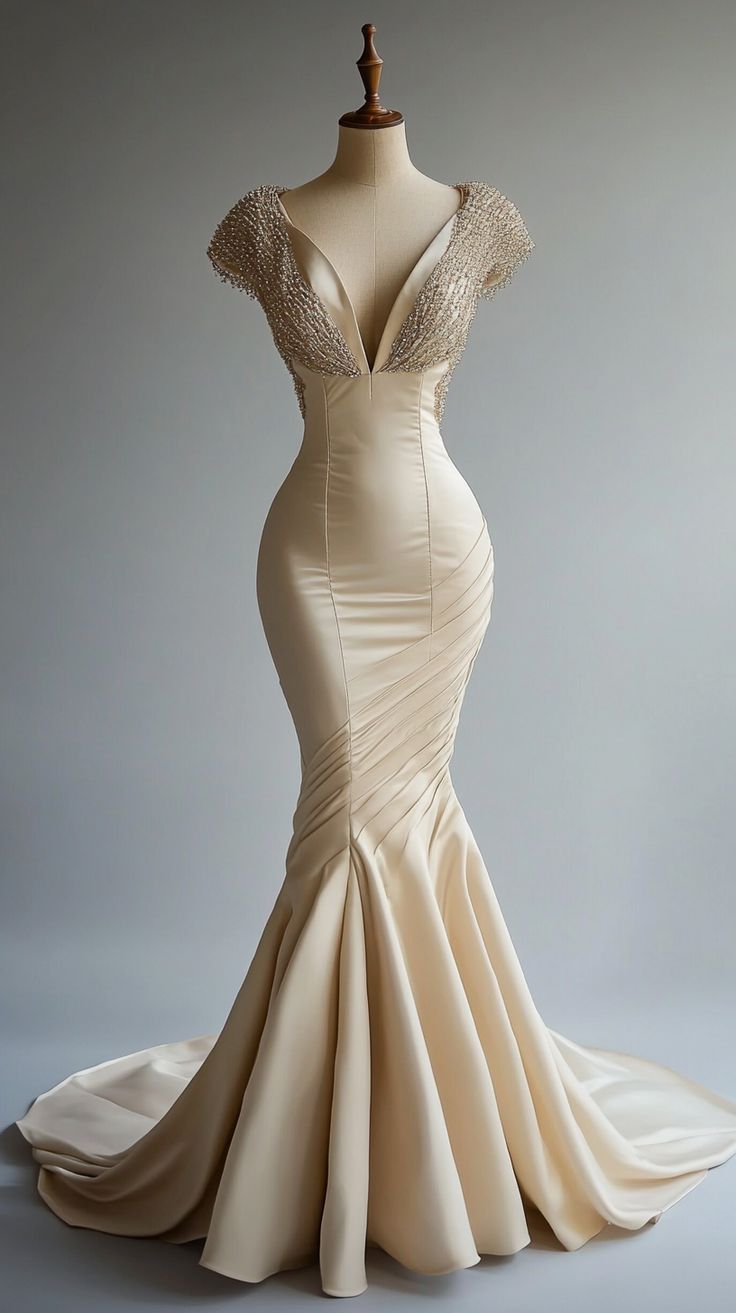 Champagne Mermaid Satin Beaded V-Neck Long Ball Dresses Elegant Prom Dresses