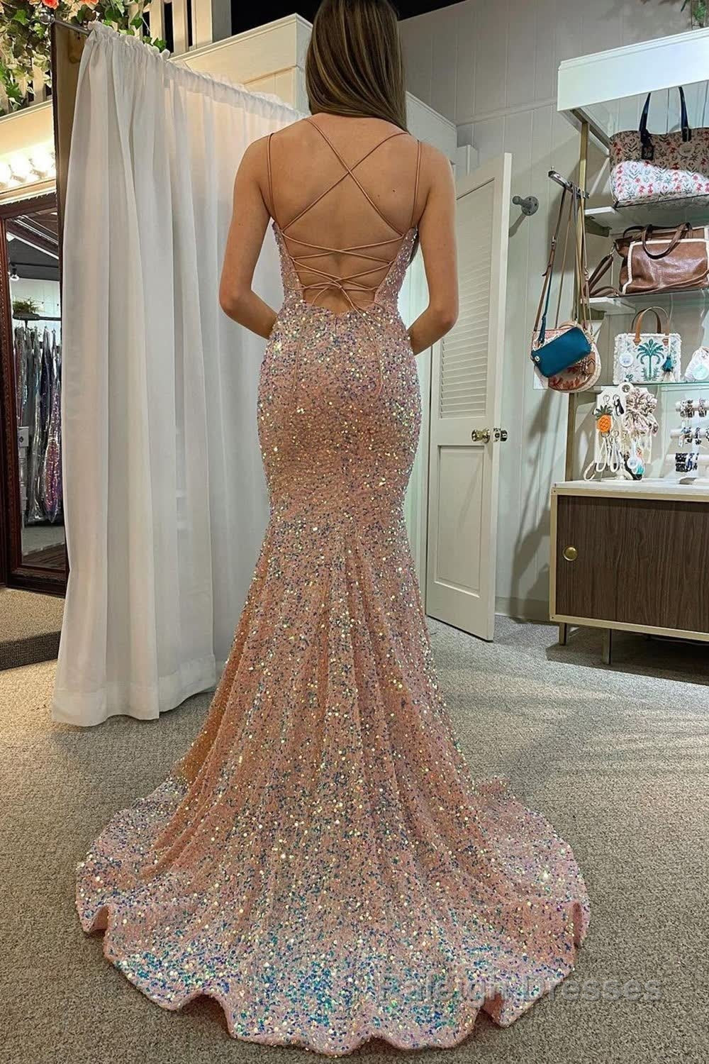 Champagne Mermaid Sequined Backless Prom Dress Secondary image