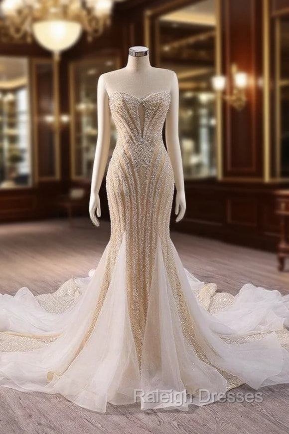 Champagne Mermaid Sequins Beading Prom Dress