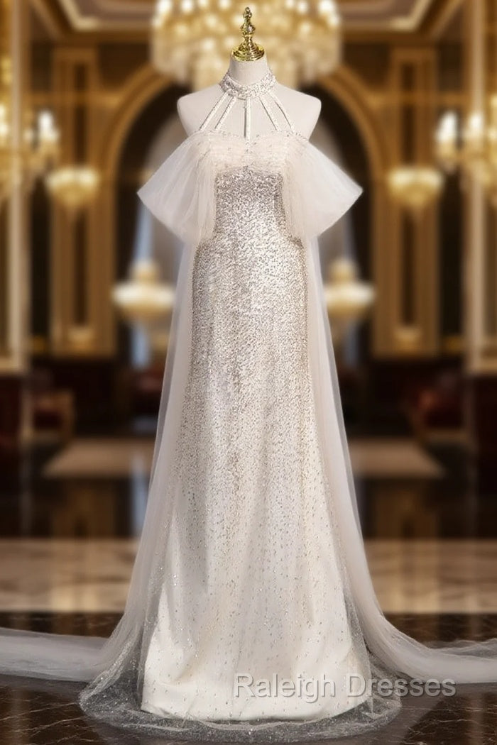 Champagne Mermaid Sequins Halter Prom Dress