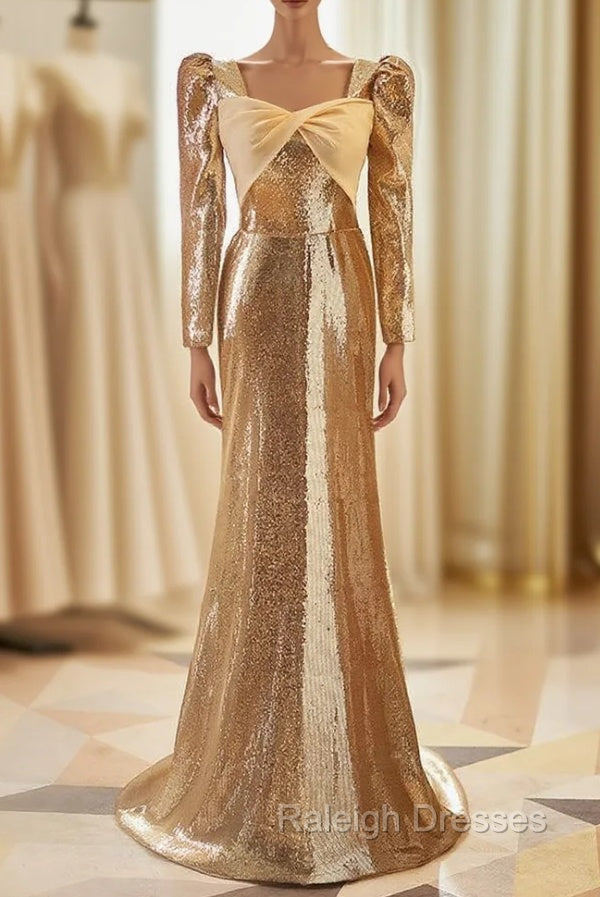 Champagne Mermaid Sequins Long Sleeve Prom Dress