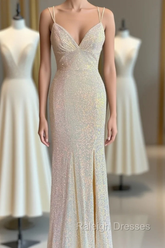 Champagne Mermaid Sequins Spaghetti Straps Prom Dress Main image