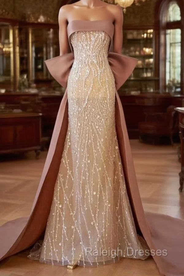 Champagne Mermaid Sequins Strapless Prom Dress Main image
